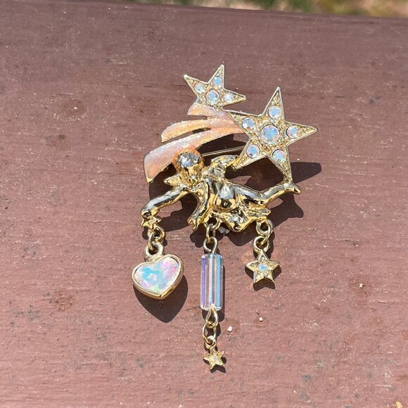 Rhinestone KIRKS FOLLY Charm BROOCH / PIN~ Shooting STAR Heart CHERUB / ANGEL - Picture 3 of 6